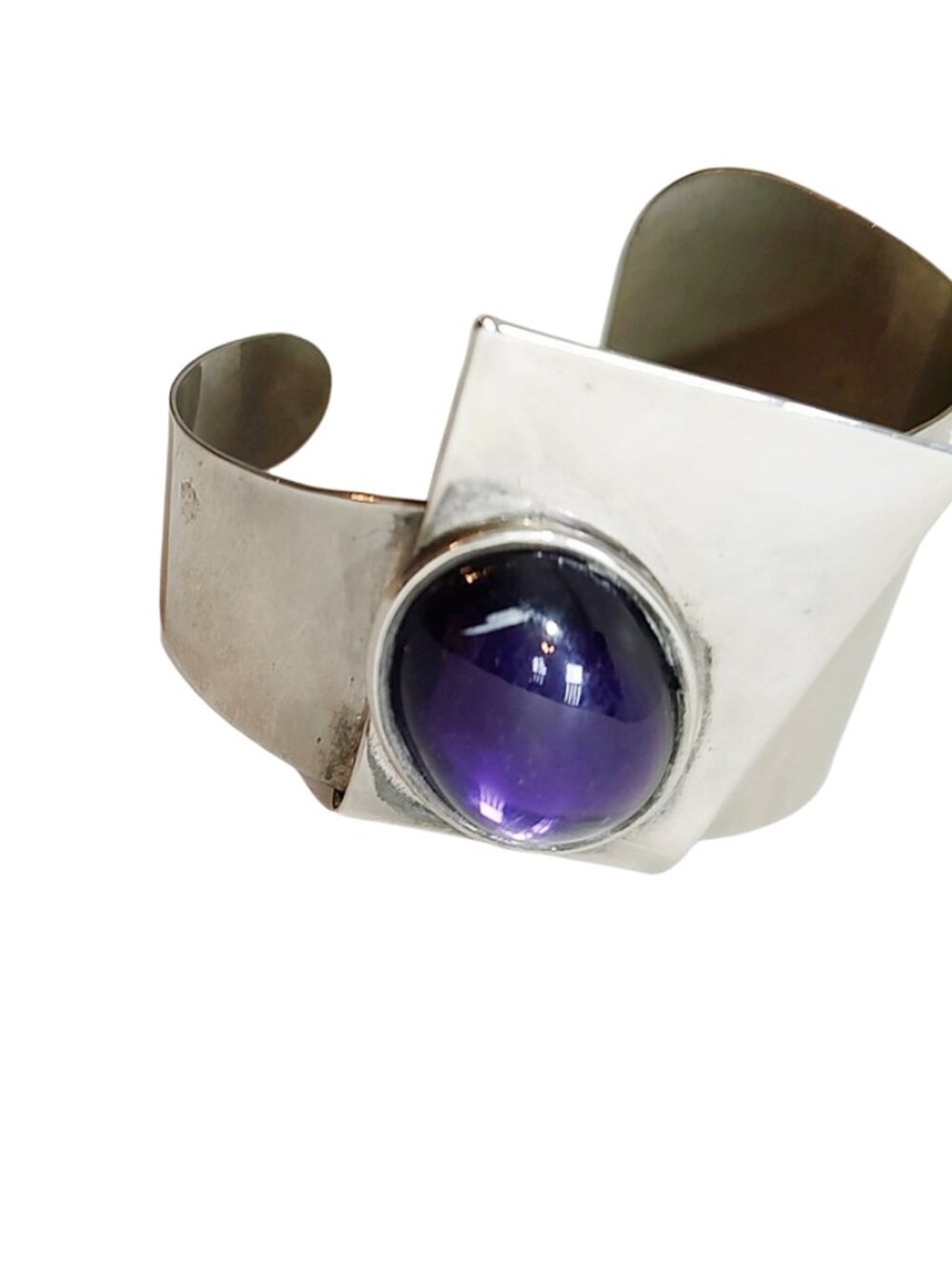 1990s Vintage Large Geometric Chrome Cuff Bracelet With A Purple Glass Stone - Picture 7 of 9